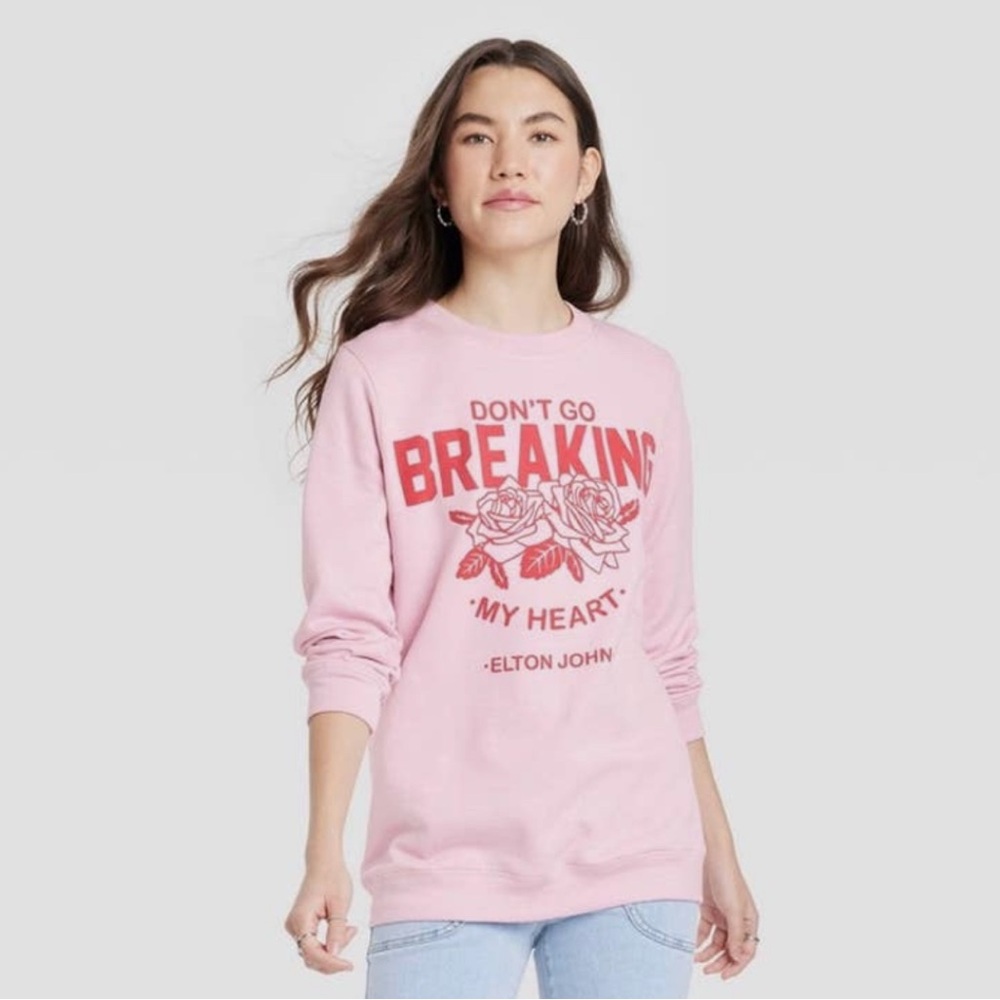 Elton John Barbie Pink Rose Floral Graphic Don’t Go Breaking My Heart Crewneck
